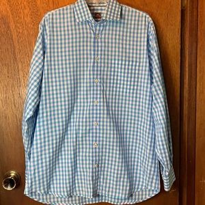 Peter Millar Large Blue & White Check Long Sleeve Cotton Button Down Shirt